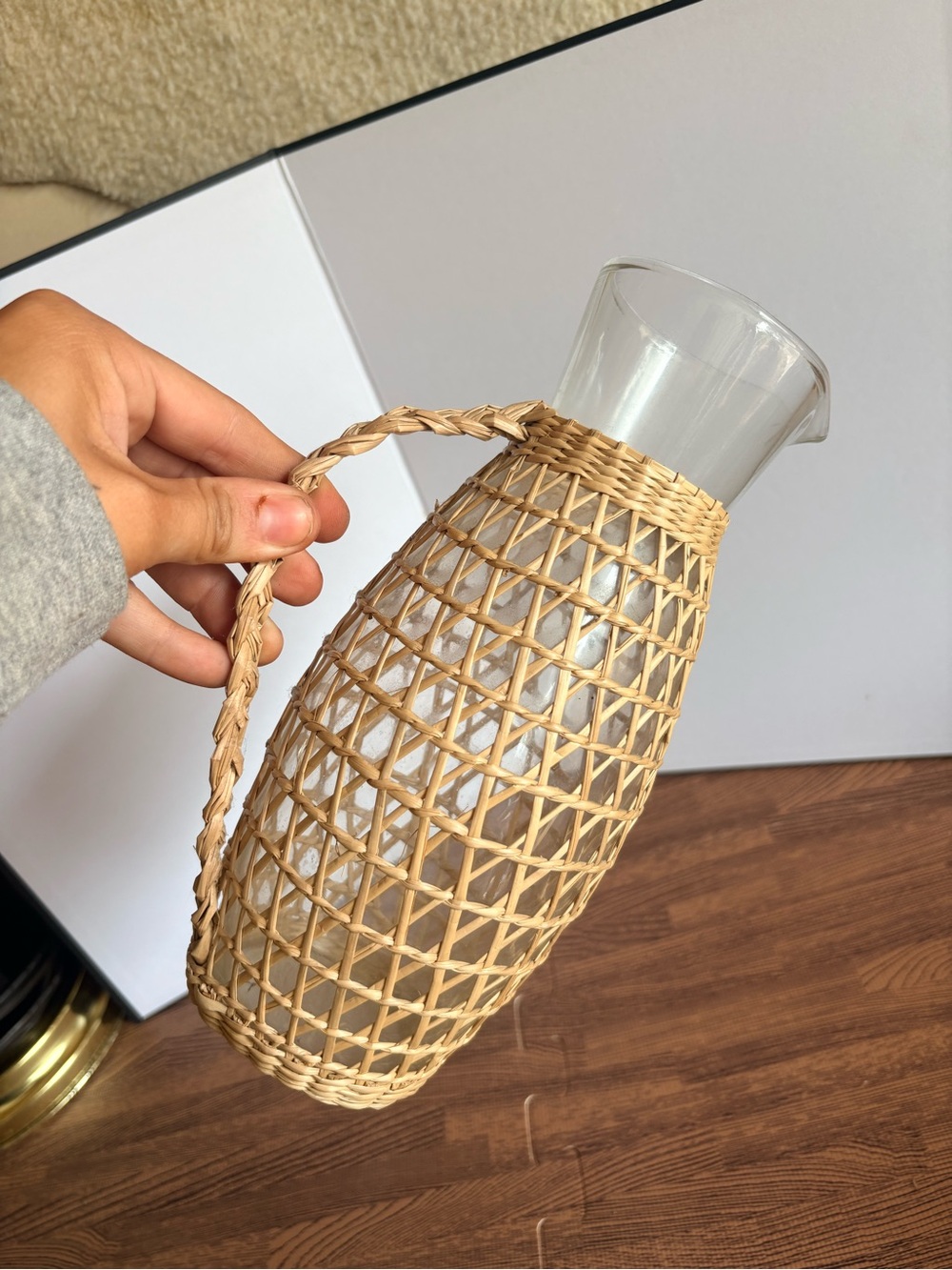 Vintage Woven Rattan Glass Pitcher - Picture 3 of 5